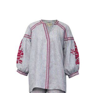 De Castro Blue Stripe Blouse with Red Embroidery XS